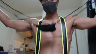 Gay Asian boy with super sexy body trying on kinky outfits with completely nude scenes
